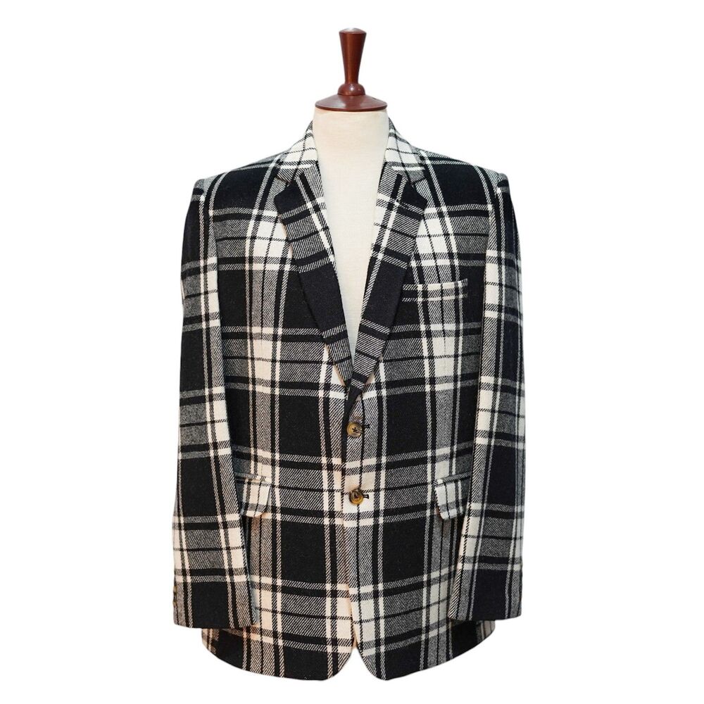 Mens Wool Sport Coat 44R Black Ivory Plaid Blazer 2 Button Wedding Formal Party